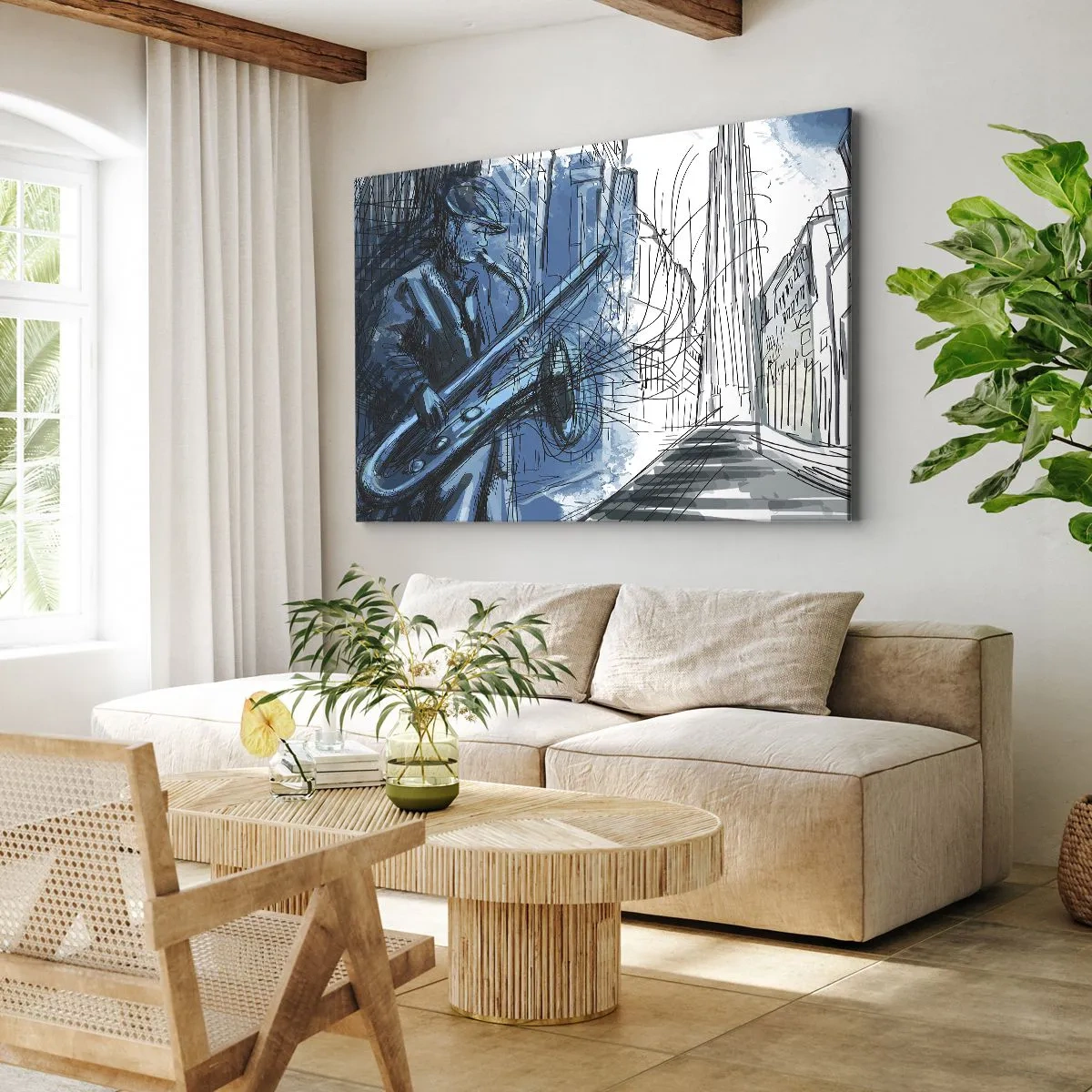 Quadro su tela - Stampe su Tela - Una figura che suona il sassofono sullo sfondo di una città - 70x50cm - Rapsodia urbana - Decorazione murale moderna per soggiorno e camera da letto ARTTOR