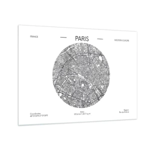 Quadro su vetro - Una mappa circolare di Parigi in illustrazione in bianco e nero - 70x50cm - Anatomia di Parigi - Decorazione murale moderna per soggiorno e camera da letto ARTTOR