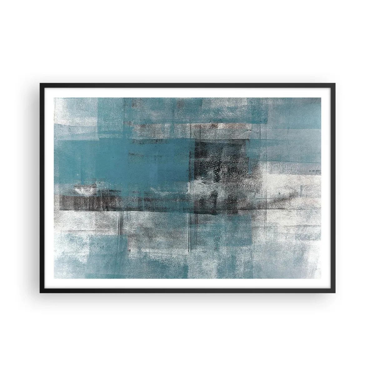 Poster in cornice nera - Una composizione astratta nelle tonalità del blu con texture e strati. - 100x70cm - Acqua e aria - Decorazione murale moderna per soggiorno e camera da letto ARTTOR