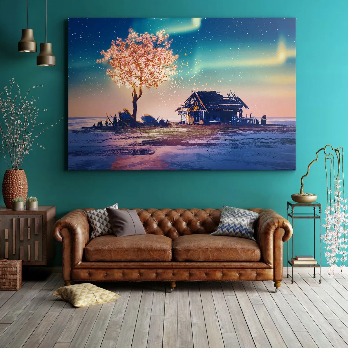 Quadro su tela - Stampe su Tela - Una casa e un albero in fiore sotto il cielo notturno - 100x70cm - La natura non passa - Decorazione murale moderna per soggiorno e camera da letto ARTTOR