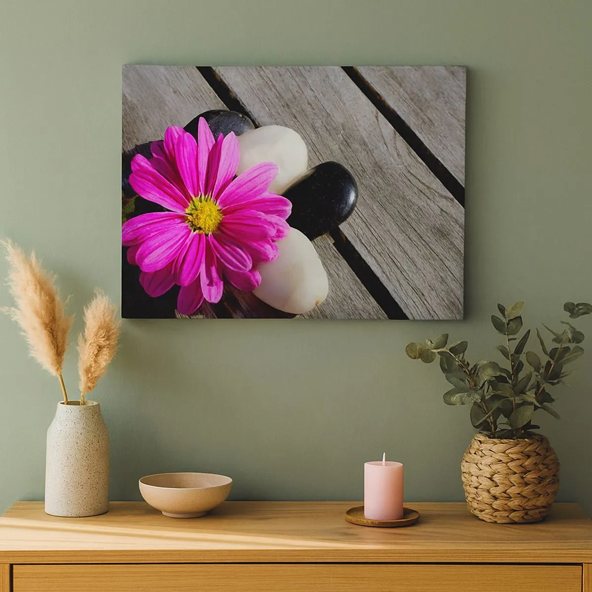Quadro su tela - Stampe su Tela - Fiore rosa su uno sfondo di assi di legno con pietre - 70x50cm - Riposo sul molo - Decorazione murale moderna per soggiorno e camera da letto ARTTOR