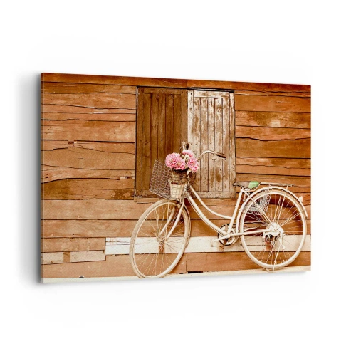 Quadro su tela - Stampe su Tela - Una bicicletta con un cesto pieno di rose contro un muro di legno - 120x80cm - Torno subito - Decorazione murale moderna per soggiorno e camera da letto ARTTOR