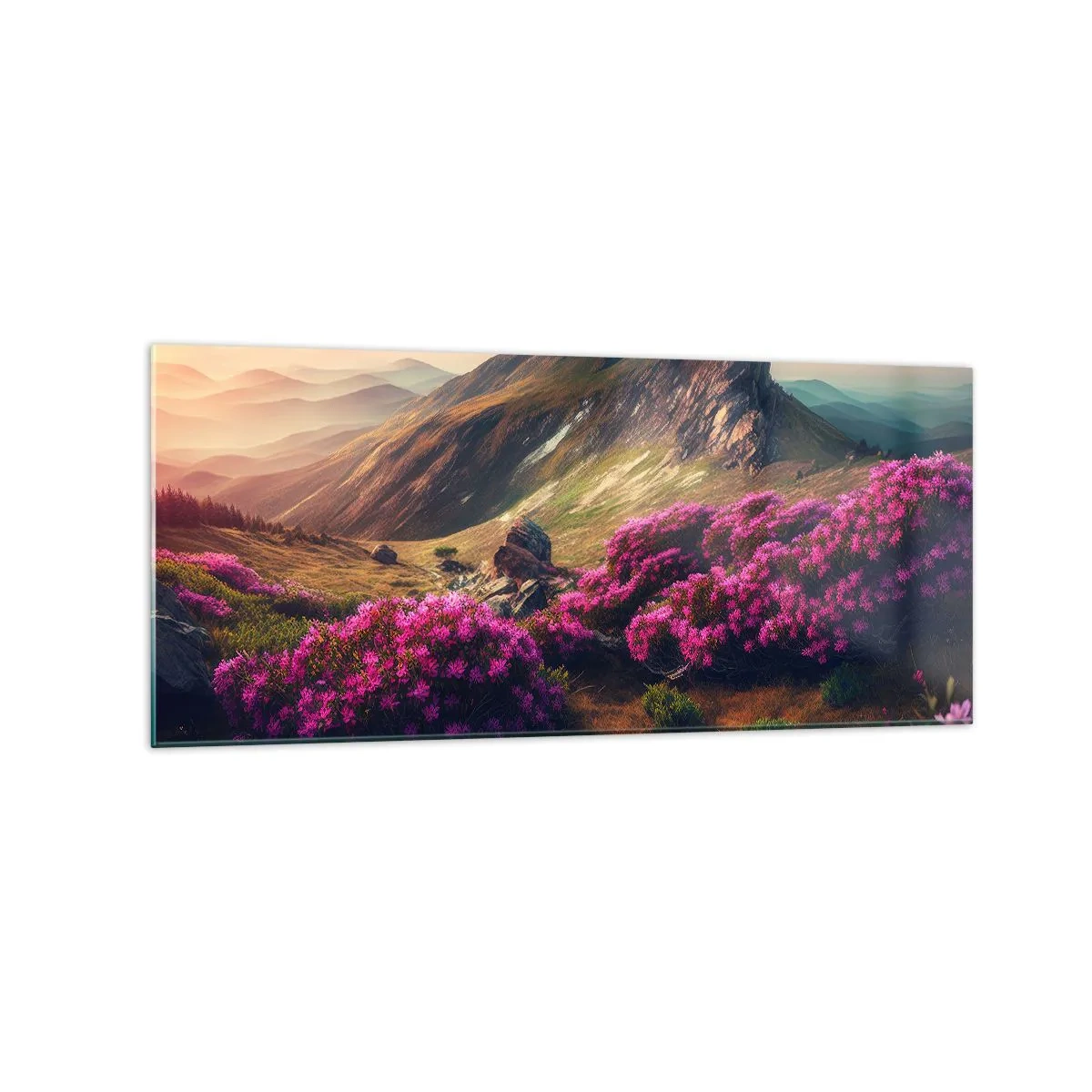 Quadro su vetro - Paesaggio montano con rododendri in fiore - 120x50cm - L'estate sui monti - Decorazione murale moderna per soggiorno e camera da letto ARTTOR