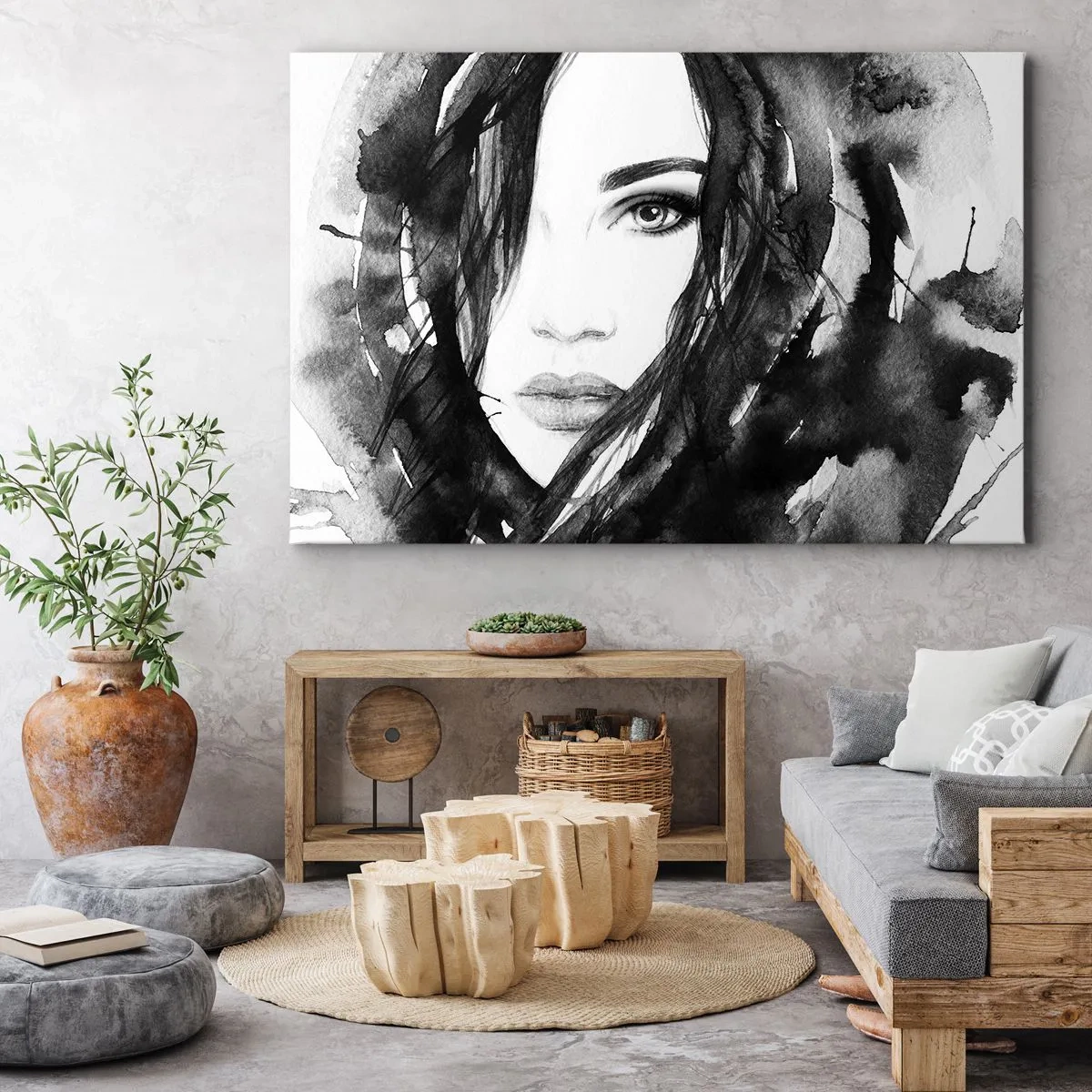 Quadro su tela - Stampe su Tela - Ritratto di donna in acquerello bianco e nero - 70x50cm - Ritratto di donna in bianco e nero - Decorazione murale moderna per soggiorno e camera da letto ARTTOR