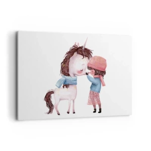 Quadro su tela - Stampe su Tela - Una ragazza e un unicorno in uno scenario invernale - 120x80cm - Racconto d'inverno - Decorazione murale moderna per soggiorno e camera da letto ARTTOR