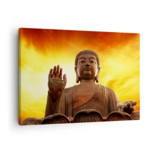 Quadro su tela - Stampe su Tela - Una statua del Buddha contro un cielo dorato al tramonto - 70x50cm - La pace del mondo - Decorazione murale moderna per soggiorno e camera da letto ARTTOR