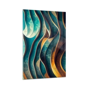 Quadro su vetro - Onde astratte nei toni del turchese e dell'oro - 80x120cm - I meandri del blu - Decorazione murale moderna per soggiorno e camera da letto ARTTOR