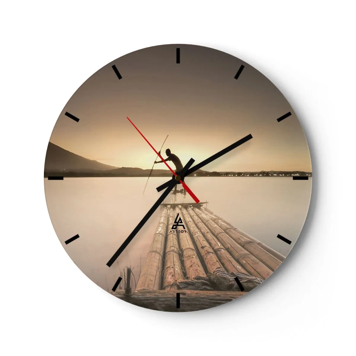Orologio da parete - Orologio in Vetro - Uomo su una zattera di bambù al tramonto - 30x30cm - Prima del riposo - Decorazione murale moderna per soggiorno, cucina e camera da letto ARTTOR