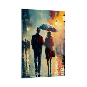 Quadro su vetro - Una coppia cammina di notte con un ombrello lungo una strada bagnata. - 50x70cm - Love story cittadina - Decorazione murale moderna per soggiorno e camera da letto ARTTOR