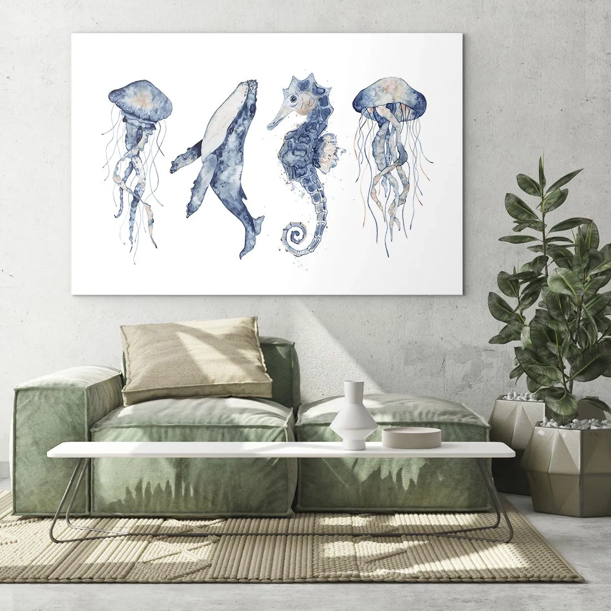 Quadro su vetro - Creature marine in un delicato stile acquerello - 120x80cm - Meraviglie del mare - Decorazione murale moderna per soggiorno e camera da letto ARTTOR