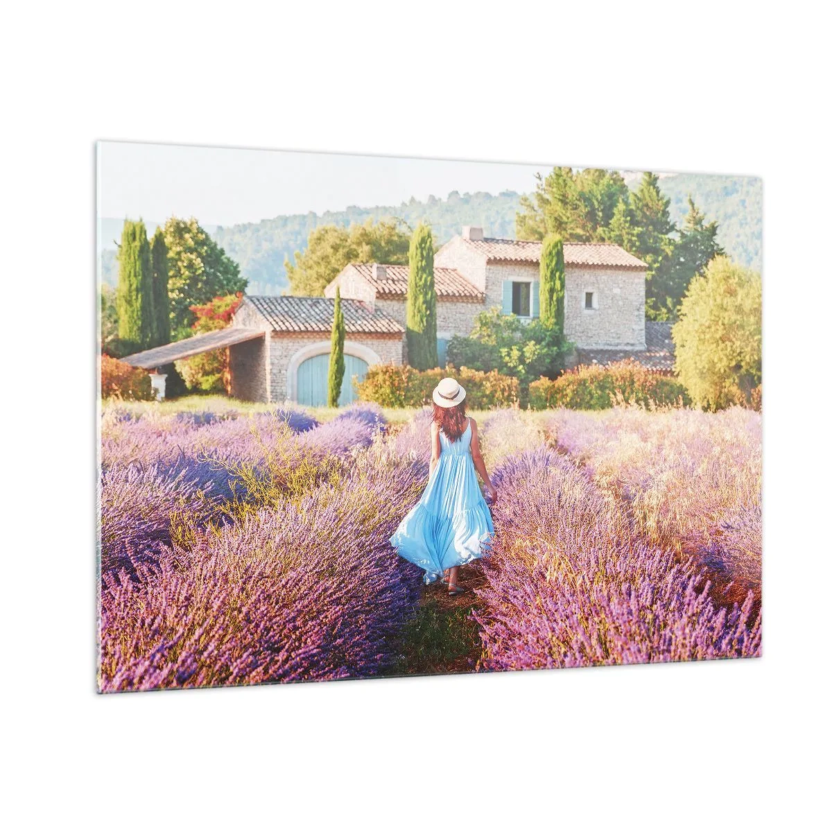 Quadro su vetro - Una donna in abito che cammina attraverso un campo di lavanda - 100x70cm - La ragazza nella lavanda - Decorazione murale moderna per soggiorno e camera da letto ARTTOR