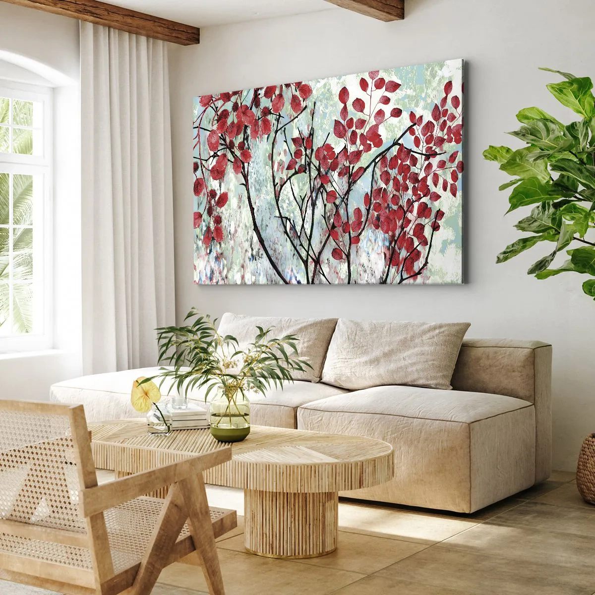 Quadro su tela - Stampe su Tela - Foglie rosse contro un cielo luminoso con motivi astratti - 70x50cm - Albero in scarlatto - Decorazione murale moderna per soggiorno e camera da letto ARTTOR