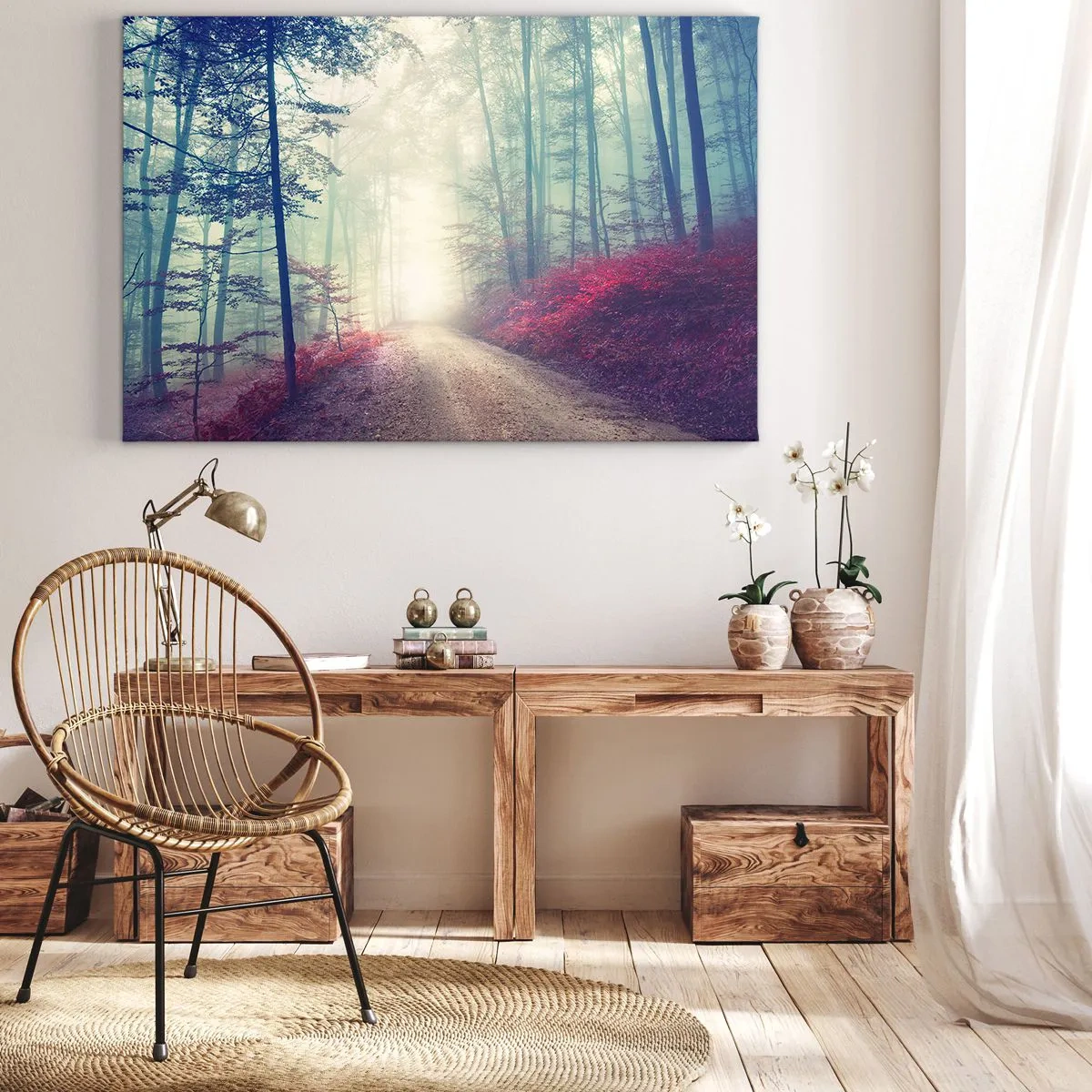 Quadro su tela - Stampe su Tela - Un magico sentiero nel bosco circondato da alberi e nebbia - 70x50cm - Come è bello alzarsi all'alba - Decorazione murale moderna per soggiorno e camera da letto ARTTOR