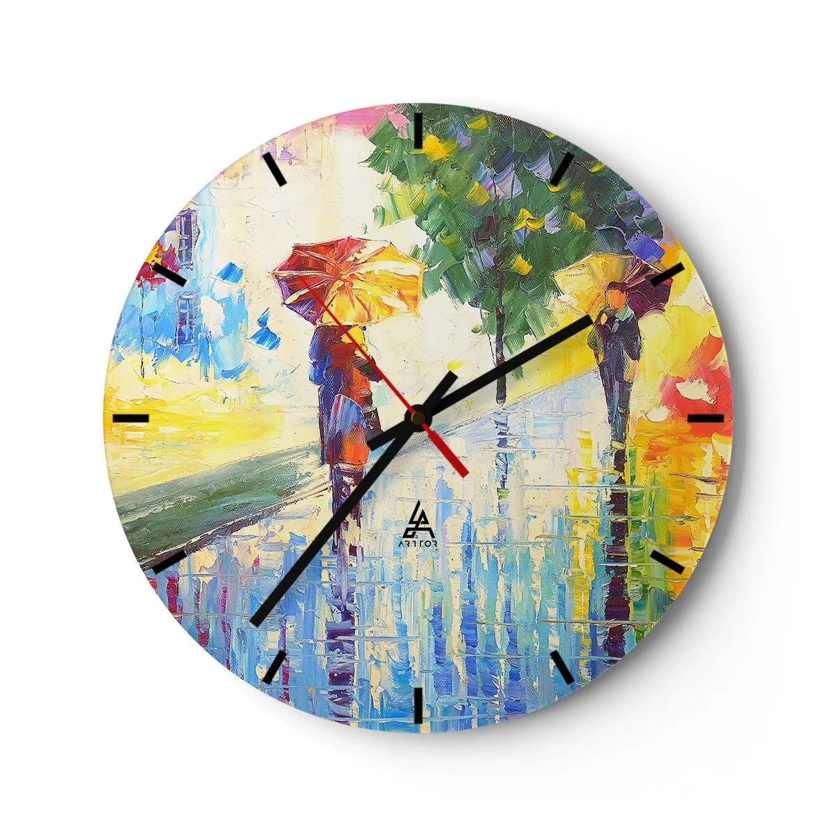 Orologio da parete - Orologio in Vetro - Personaggi con ombrelli che camminano in una giornata piovosa - 30x30cm - E tutto è chiaro - Decorazione murale moderna per soggiorno, cucina e camera da letto ARTTOR