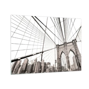 Quadro su vetro - Un ponte sospeso con un panorama cittadino sullo sfondo in seppia - 70x50cm - La cattedrale di New York - Decorazione murale moderna per soggiorno e camera da letto ARTTOR