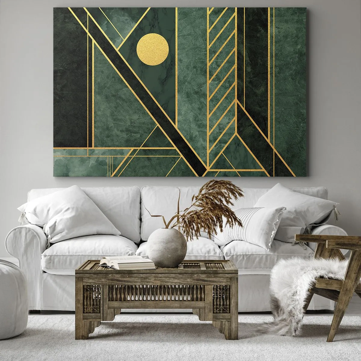 Quadro su tela - Stampe su Tela - Design geometrico verde e oro con un motivo elegante - 70x50cm - Dinamica di oro e azzurro - Decorazione murale moderna per soggiorno e camera da letto ARTTOR