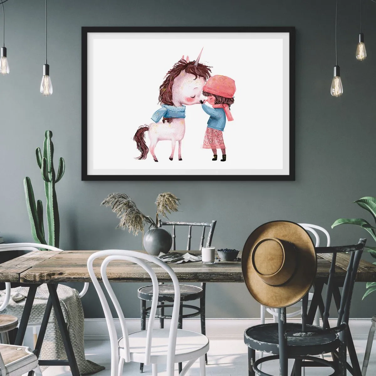 Poster in cornice nera - Una ragazza e un unicorno in uno scenario invernale - 70x50cm - Racconto d'inverno - Decorazione murale moderna per soggiorno e camera da letto ARTTOR
