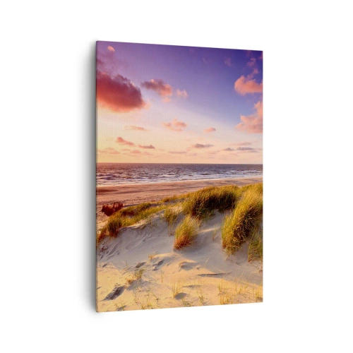 Quadro su tela - Stampe su Tela - Una spiaggia erbosa e un tramonto su un mare calmo - 70x100cm - L'aria già profuma di estate - Decorazione murale moderna per soggiorno e camera da letto ARTTOR