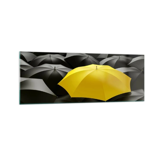 Quadro su vetro - Un ombrello giallo tra ombrelli neri - 140x50cm - Addio tristezza - Decorazione murale moderna per soggiorno e camera da letto ARTTOR