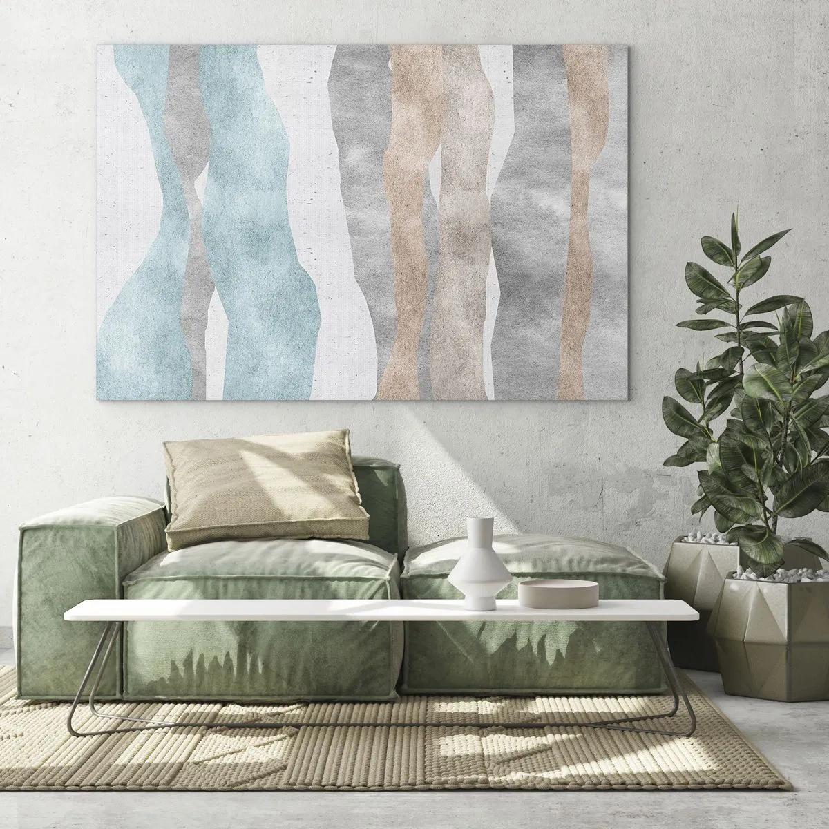 Quadro su vetro - Delicate strisce nei toni del beige e del blu - 70x50cm - Studio di prossimità - Decorazione murale moderna per soggiorno e camera da letto ARTTOR