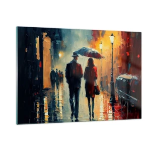 Quadro su vetro - Una coppia cammina di notte con un ombrello lungo una strada bagnata. - 120x80cm - Love story cittadina - Decorazione murale moderna per soggiorno e camera da letto ARTTOR