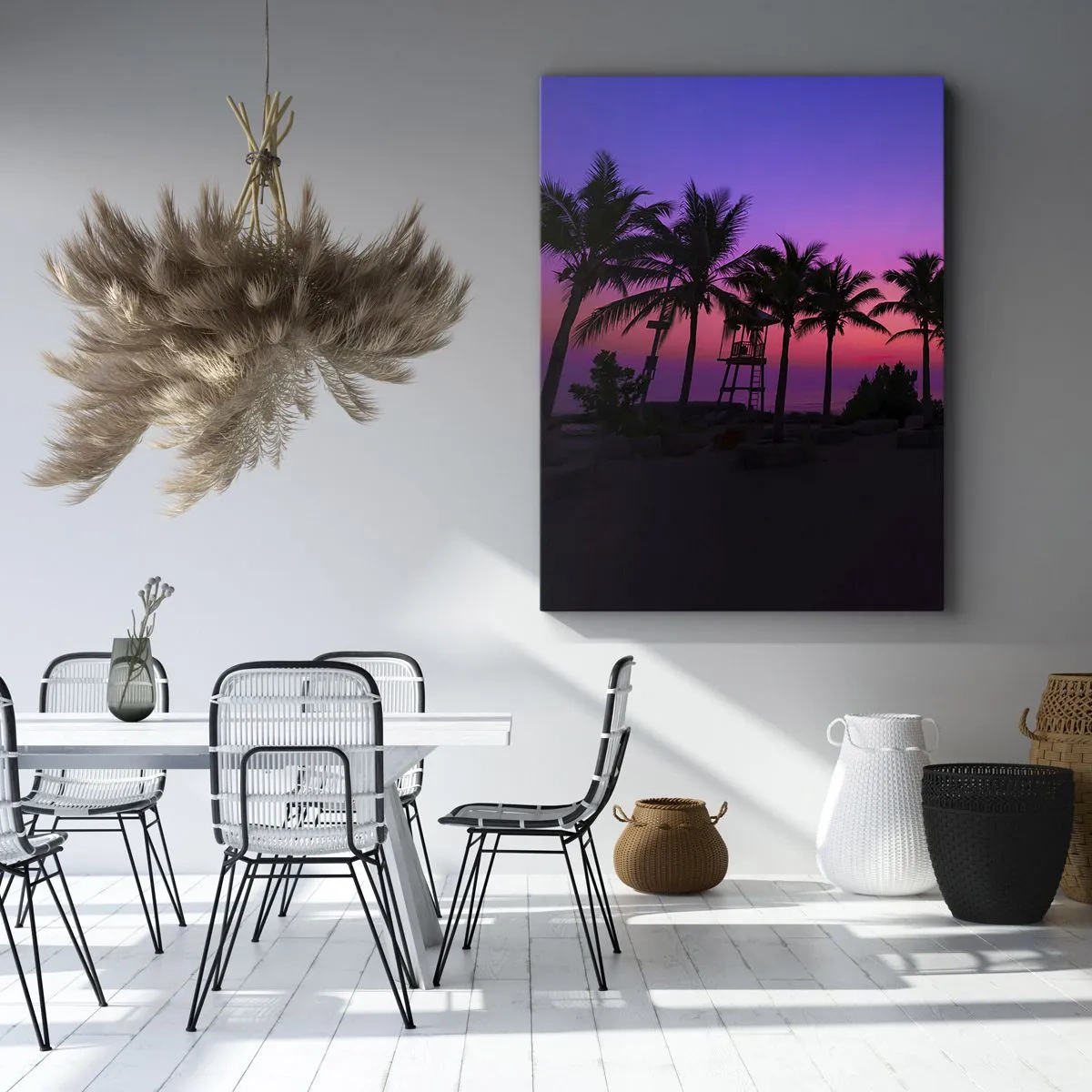 Quadro su tela - Stampe su Tela - Silhouette di palme contro un cielo al tramonto rosa-viola - 50x70cm - Sera sotto le palme - Decorazione murale moderna per soggiorno e camera da letto ARTTOR