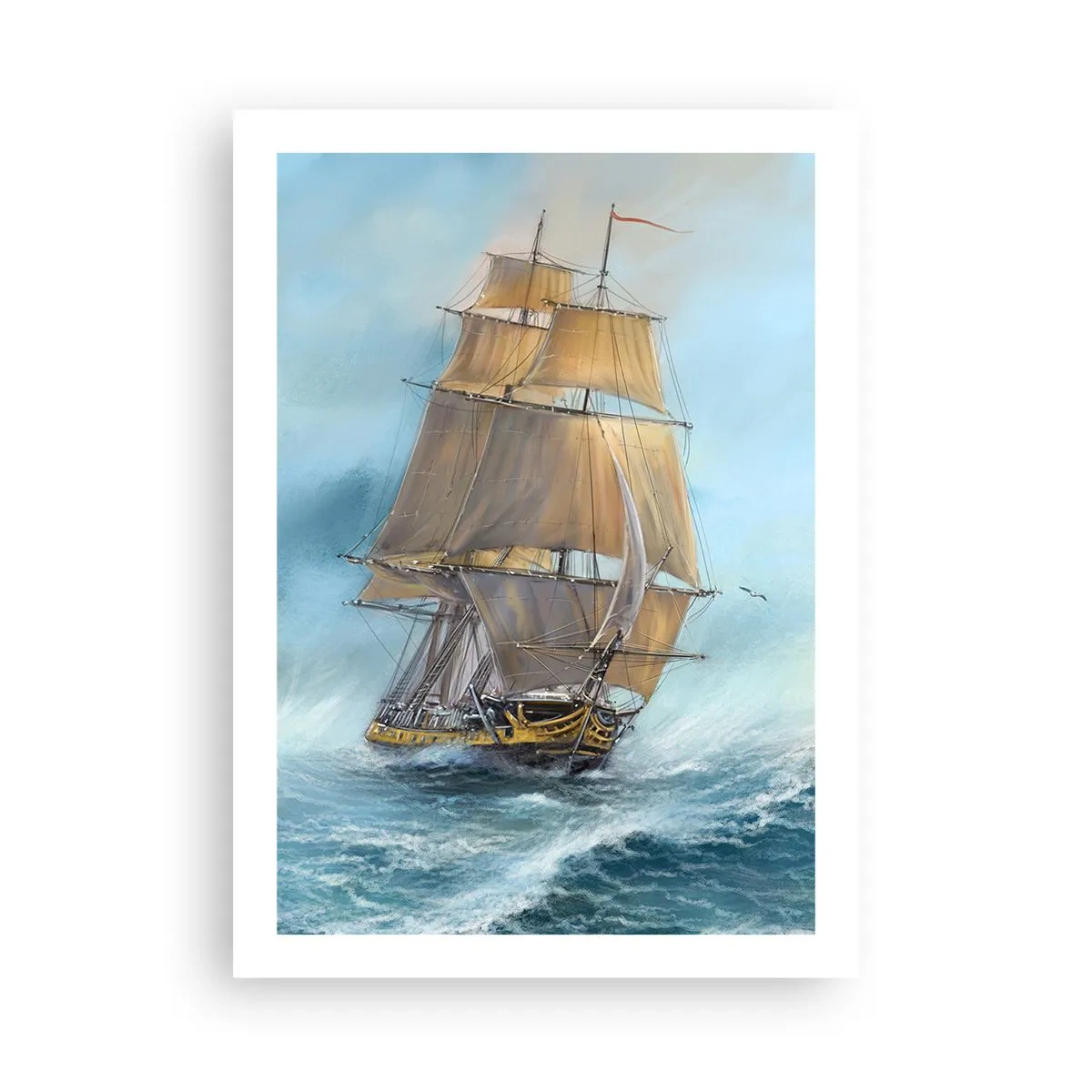 Poster - Una nave a vela che naviga in un mare in tempesta in uno stile realistico - 50x70cm - Frangendo i flutti - Decorazione murale moderna per soggiorno e camera da letto ARTTOR