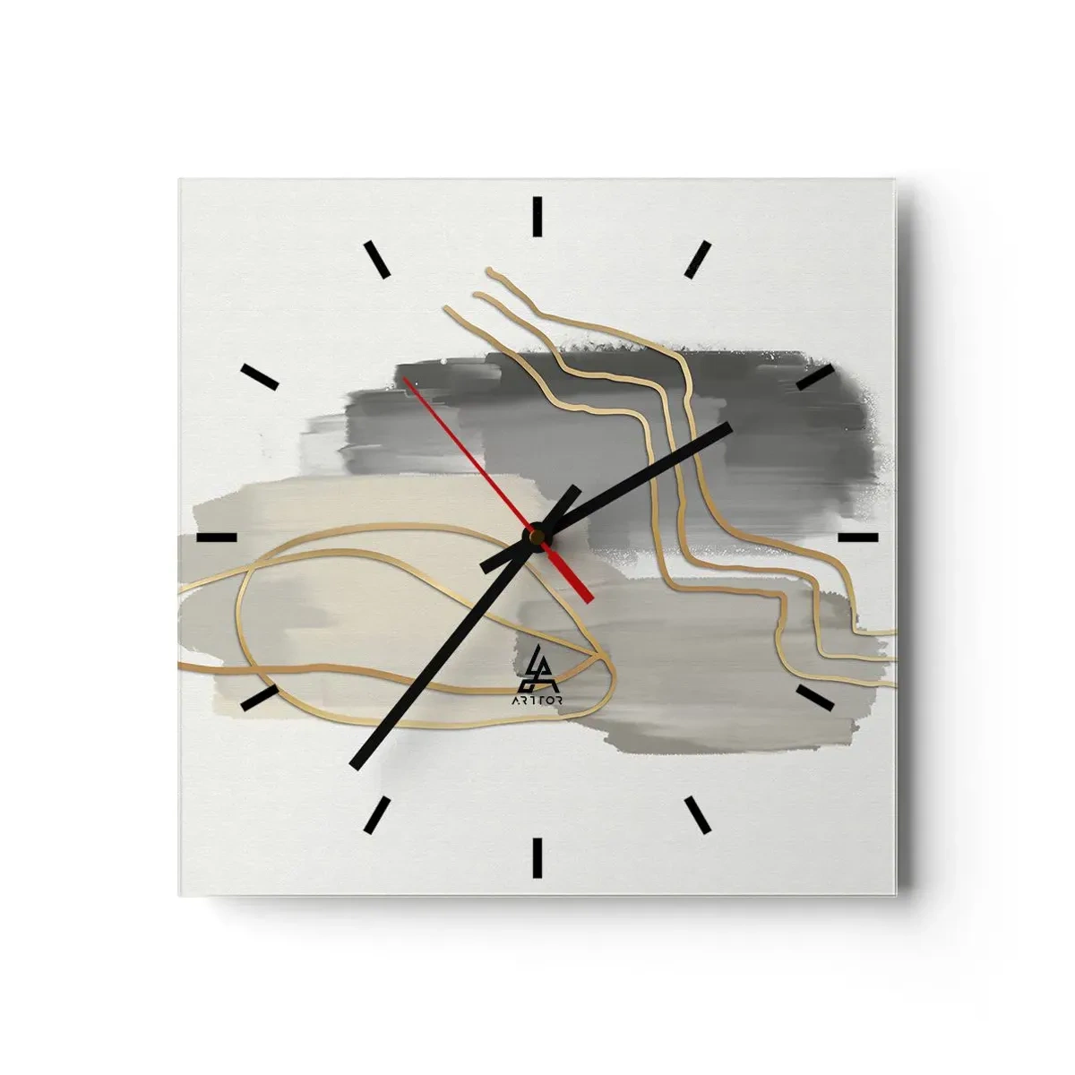 Orologio da parete - Orologio in Vetro - Linee dorate astratte su sfondo grigio - 30x30cm - Durata e movimento - Decorazione murale moderna per soggiorno e camera da letto ARTTOR