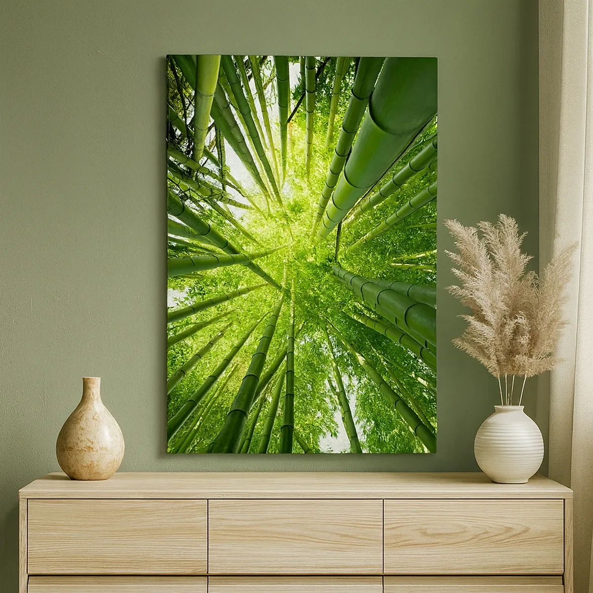 Quadro su tela - Stampe su Tela - Vista attraverso un boschetto di bambù verde - 50x70cm - Nella foresta di bambù - Decorazione murale moderna per soggiorno e camera da letto ARTTOR
