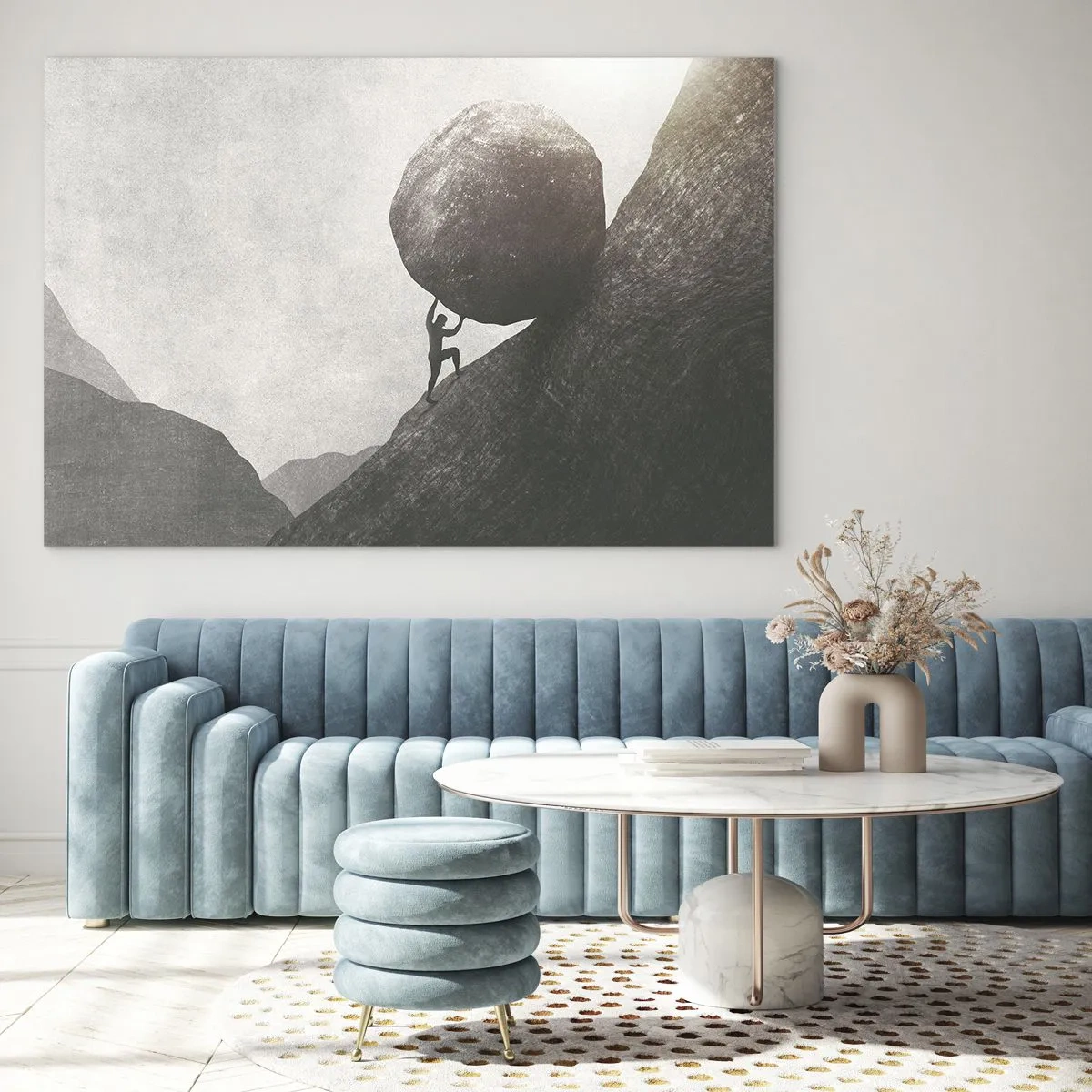 Quadro su vetro - Una figura che spinge un masso in salita contro un paesaggio montuoso - 70x50cm - Credo contro ogni speranza - Decorazione murale moderna per soggiorno e camera da letto ARTTOR