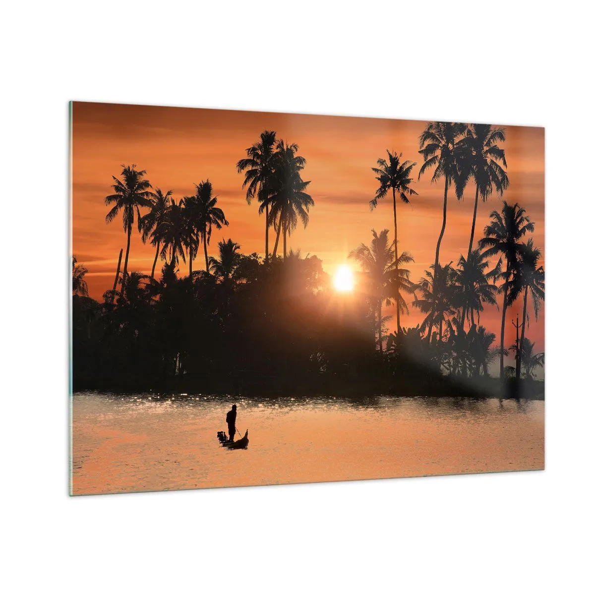 Quadro su vetro - Paesaggio tropicale con palme e tramonto sul fiume - 100x70cm - Il tempo del riposo - Decorazione murale moderna per soggiorno e camera da letto ARTTOR