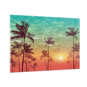 Quadro su vetro - Illustrazione di palme al tramonto - 100x70cm - Climi tropicali - Decorazione murale moderna per soggiorno e camera da letto ARTTOR