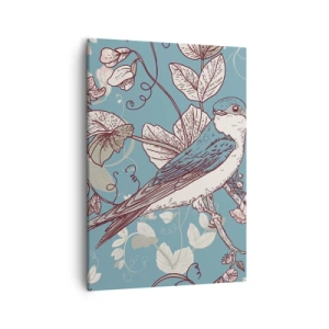 Quadro su tela - Stampe su Tela - Un uccello su un ramo in un delicato stile floreale - 50x70cm - Sul pioppo riflessi e cinguettii - Decorazione murale moderna per soggiorno e camera da letto ARTTOR