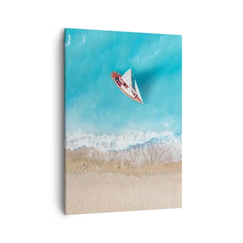 Quadro su tela - Stampe su Tela - Una vista a volo d'uccello di una barca sulla spiaggia - 50x70cm - Al confine del blu e dell'oro - Decorazione murale moderna per soggiorno e camera da letto ARTTOR