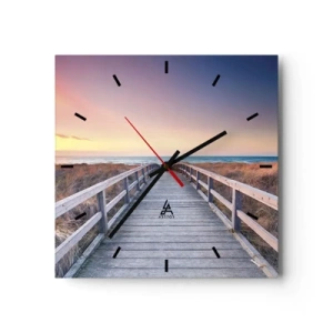 Orologio da parete - Orologio in Vetro - Un molo di legno che conduce alla spiaggia al tramonto, con il cielo dipinto di colori pastello. - 30x30cm - Aurora serale baltica - Decorazione murale moderna per soggiorno e camera da letto ARTTOR