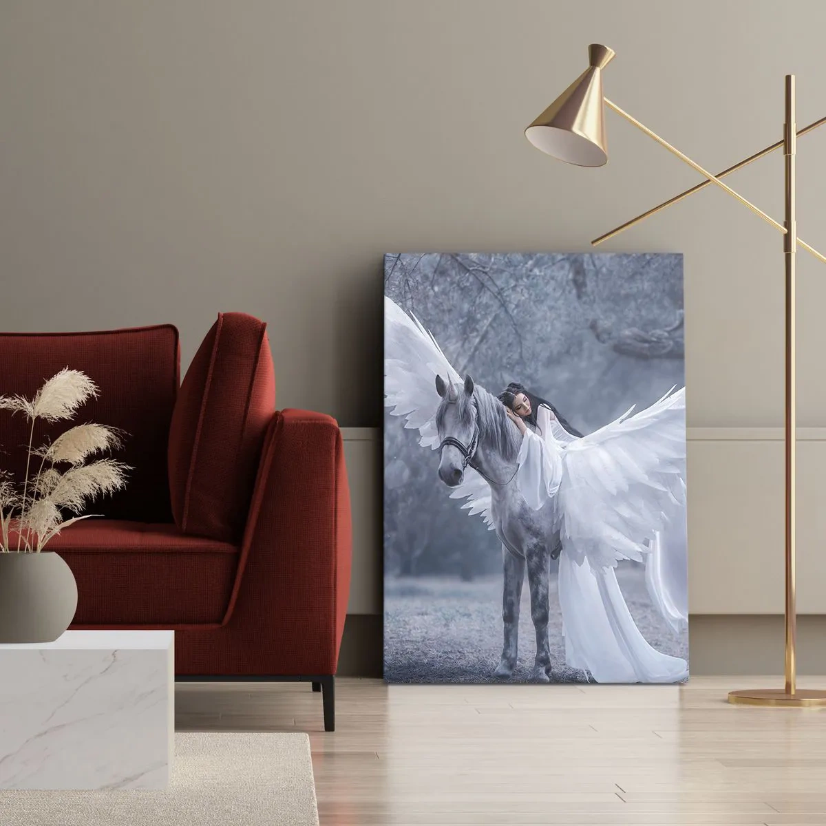 Quadro su tela - Stampe su Tela - Una donna su un cavallo bianco con le ali in una foresta magica - 50x70cm - Momento ispirato - Decorazione murale moderna per soggiorno e camera da letto ARTTOR