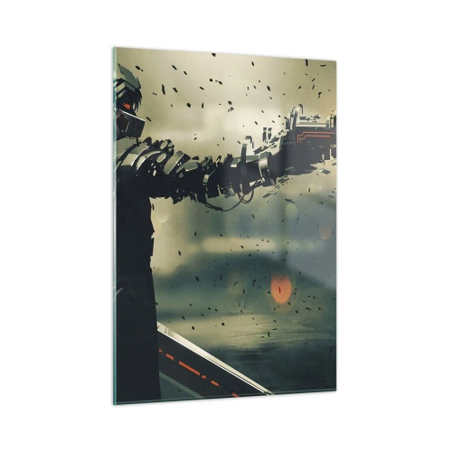Quadro su vetro - Un cyberguerriero in stile futuristico con armi energetiche - 50x70cm - L'arma assassina: il tuo Terminator - Decorazione murale moderna per soggiorno e camera da letto ARTTOR