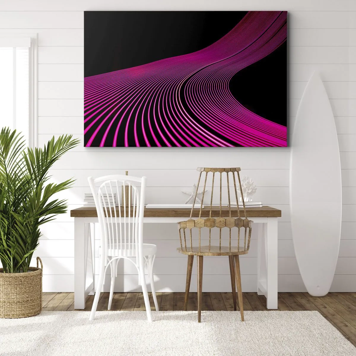 Quadro su tela - Stampe su Tela - Linee futuristiche nei toni del rosa su sfondo nero - 70x50cm - Il viale della luce - Decorazione murale moderna per soggiorno e camera da letto ARTTOR