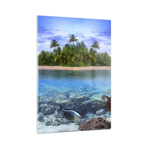 Quadro su vetro - Un'isola tropicale con barriera corallina e vita marina - 50x70cm - L'isola del paradiso dà il benvenuto - Decorazione murale moderna per soggiorno e camera da letto ARTTOR