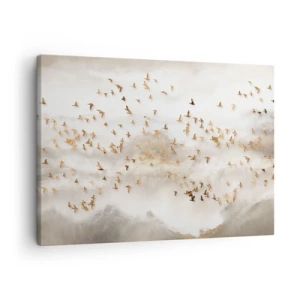 Quadro su tela - Stampe su Tela - Uccelli dorati contro le montagne nebbiose - 70x50cm - È giunto il momento... - Decorazione murale moderna per soggiorno e camera da letto ARTTOR