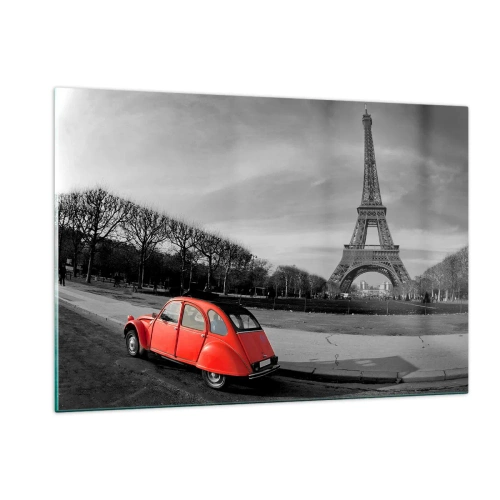 Quadro su vetro - Un'auto rossa con la Torre Eiffel sullo sfondo in un'ambientazione in bianco e nero - 120x80cm - Più parigine di Parigi - Decorazione murale moderna per soggiorno e camera da letto ARTTOR