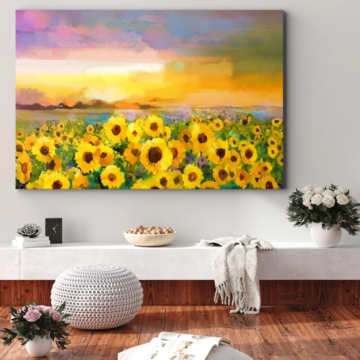 Quadro su tela - Stampe su Tela - Un campo di girasoli alla luce del sole al tramonto - 70x50cm - Il sole è sceso sulla terra - Decorazione murale moderna per soggiorno e camera da letto ARTTOR