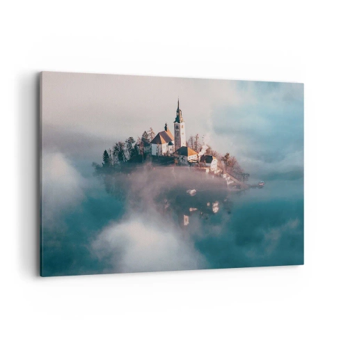 Quadro su tela - Stampe su Tela - Un'isola pittoresca con una chiesa circondata dalla nebbia - 100x70cm - L'isola dei sogni - Decorazione murale moderna per soggiorno e camera da letto ARTTOR