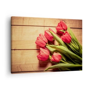 Quadro su tela - Stampe su Tela - Un mazzo di tulipani rosa su uno sfondo di legno - 70x50cm - Confessione primaverile - Decorazione murale moderna per soggiorno e camera da letto ARTTOR
