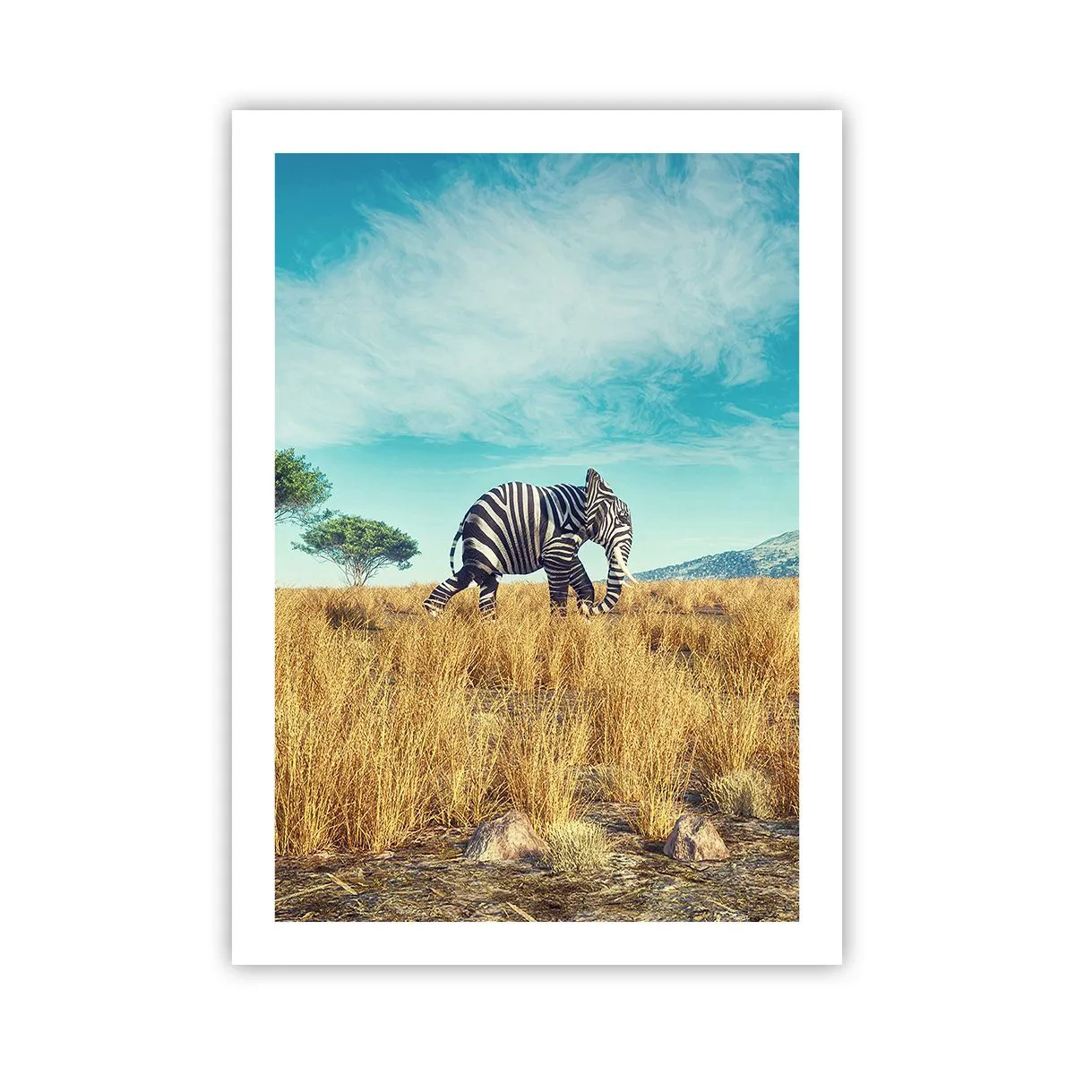 Poster - Una zebra con il corpo di un elefante sullo sfondo della savana africana - 50x70cm - Il grigio non è più di moda - Decorazione murale moderna per soggiorno e camera da letto ARTTOR