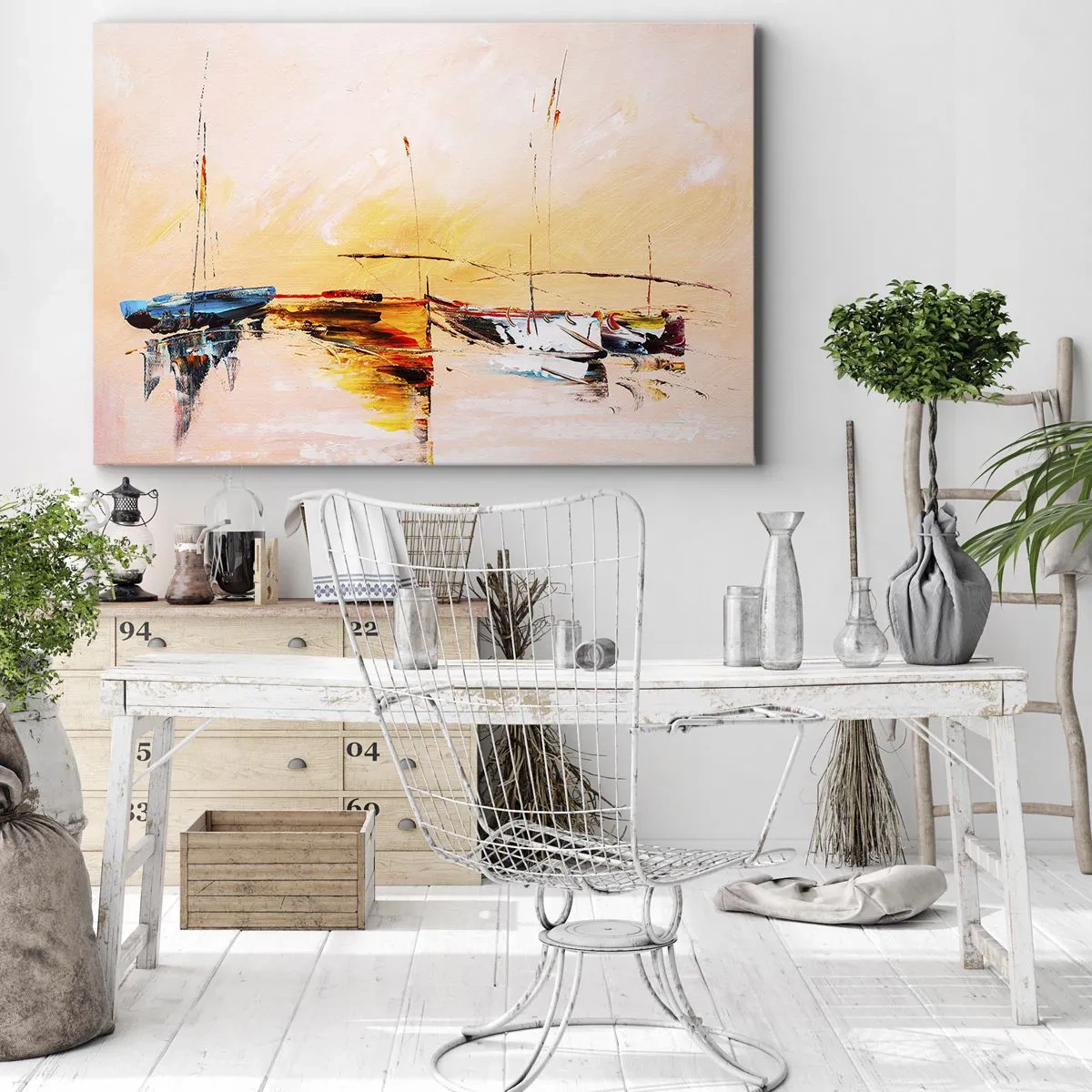 Quadro su tela - Stampe su Tela - Barche colorate sulle acque calme al tramonto - 100x70cm - La sera sul molo - Decorazione murale moderna per soggiorno e camera da letto ARTTOR