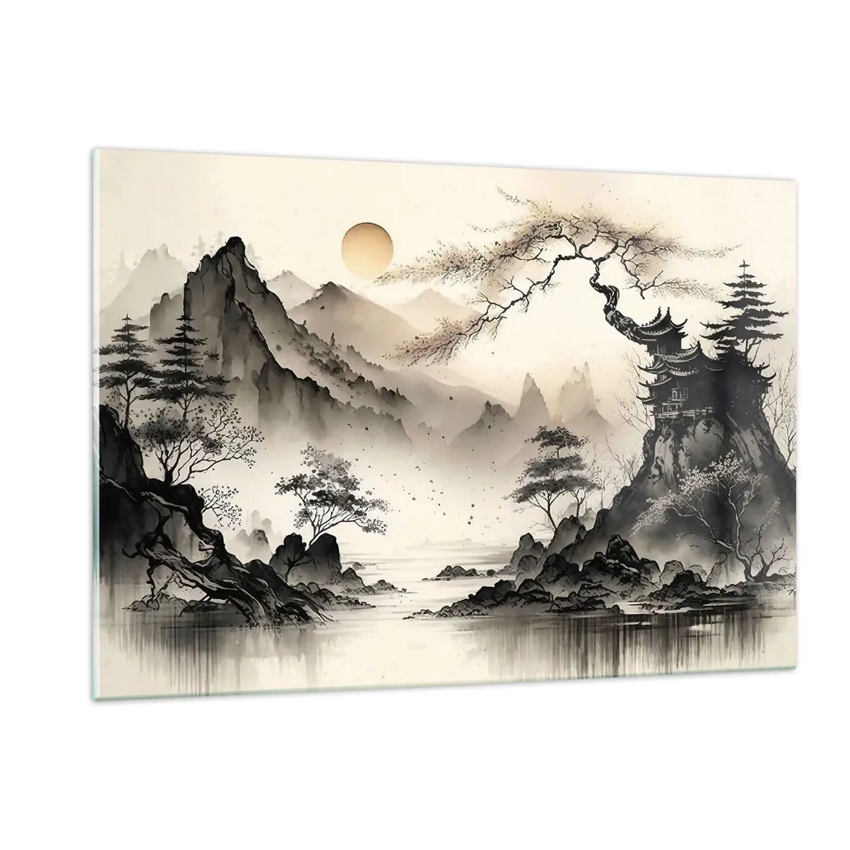 Quadro su vetro - Paesaggio montano orientale con pagoda e alberi - 120x80cm - Il fascino irripetibile dell'oriente - Decorazione murale moderna per soggiorno e camera da letto ARTTOR