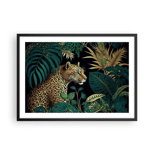 Poster in cornice nera - Leopardo tra foglie tropicali su sfondo nero - 70x50cm - Il signore della giungla - Decorazione murale moderna per soggiorno e camera da letto ARTTOR