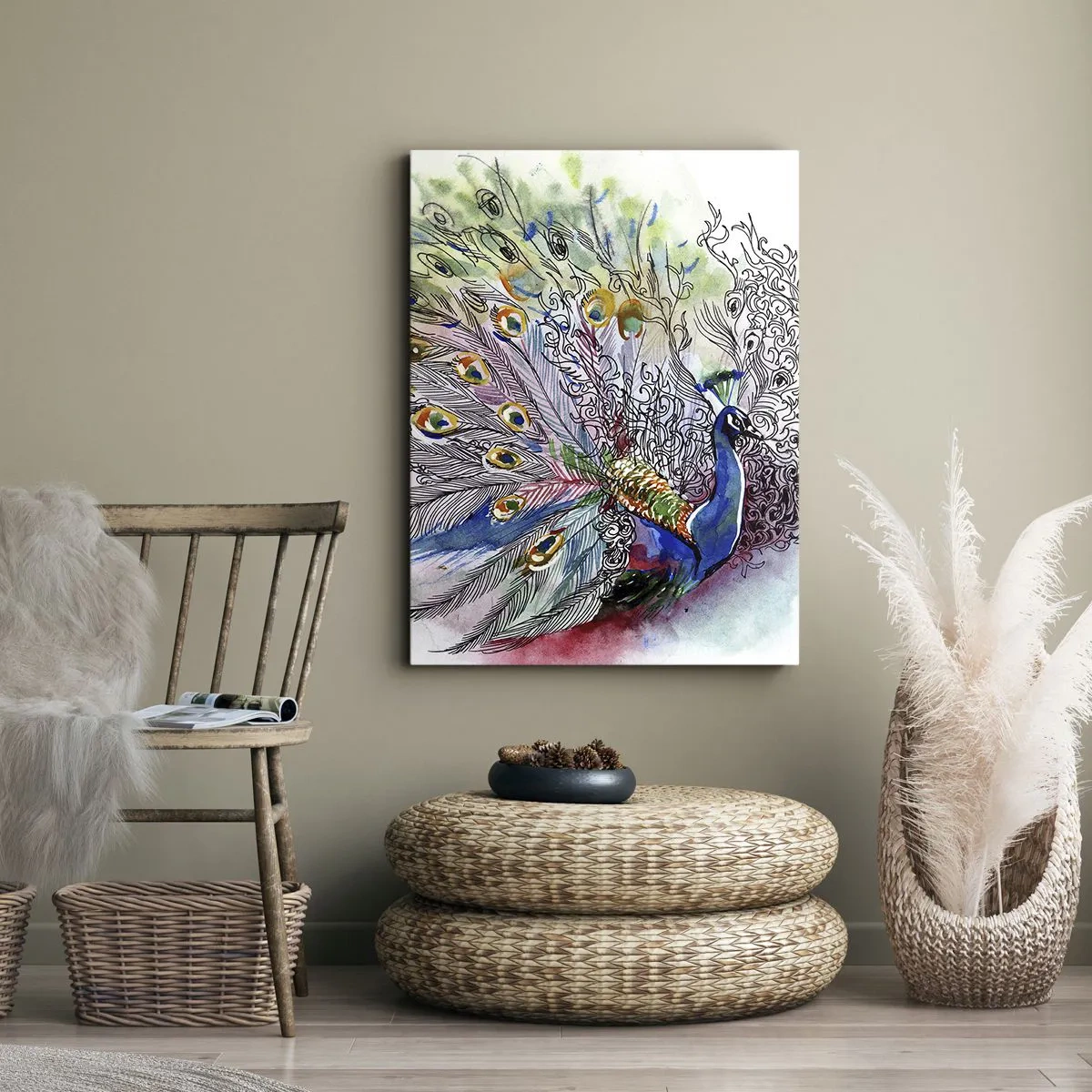 Quadro su tela - Stampe su Tela - Un pavone in uno stile acquerello colorato con piume astratte - 50x70cm - Con orgoglio contro il grigio - Decorazione murale moderna per soggiorno e camera da letto ARTTOR