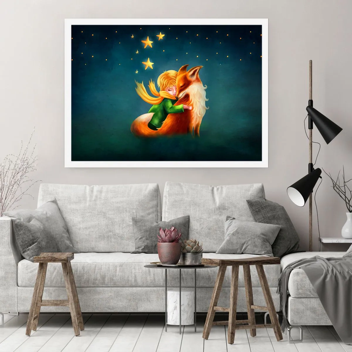Poster - Un ragazzo con una volpe in un ambiente magico con le stelle - 100x70cm - Il piccolo principe - Decorazione murale moderna per soggiorno e camera da letto ARTTOR